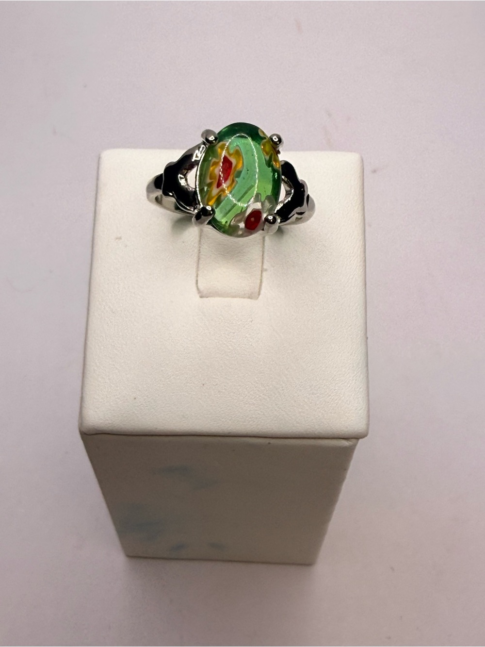 New Green Millefiori Style Glass Silver-Tone Ring Size 9.5